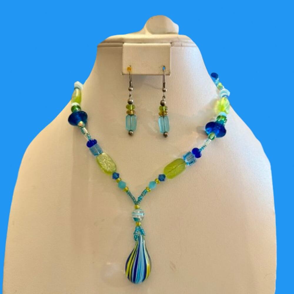Handcrafted Blue Green Artisan Glass Beaded Jewelry Set